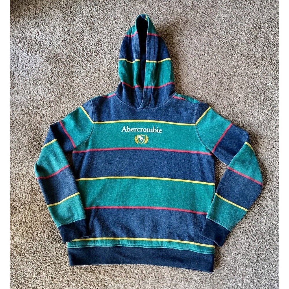 Vintage Abercrombie & Fitch Striped Hoodie Kids 15/16 Front Pockets 90s - Picture 1 of 6